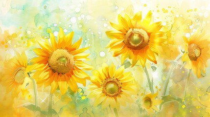 Artistic watercolor drawing of yellow sunflowers, showcasing their vibrant colors and delicate details. Perfect for floral and nature-themed illustrations