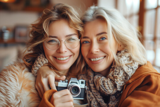 Two women are looking at a camera. One of them has red hair. The other woman is wearing a blue jacket