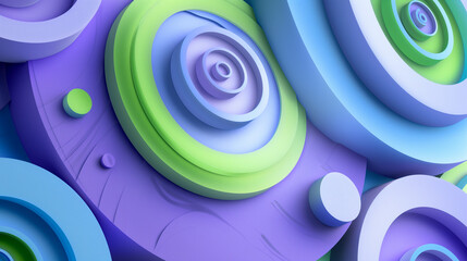 Geometric style shapes with blue and green spirals form against a solid background with a bright color scheme of purple, blue, green and white