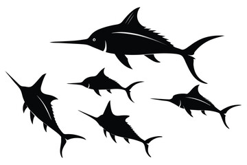 Set of Sailfish and Marlin Fish black Silhouette Vector Illustration