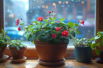 Bright windowsill with potted plants and colorful flowers, capturing the charm and vibrancy of indoor gardening