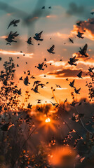 A group of birds in flight, silhouetted against an orange and sunset sky.