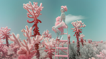 Wwoman in Pink Clothing Sitting on Pink Ladder, Fashion Photography