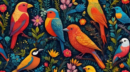 Obraz premium pattern of colorful birds and flowers on a dark blue background.