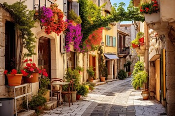 Fototapeta premium Cozy street in the historic center of Antibes, France, French Riviera near the Mediterranean Sea