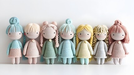 Fototapeta premium A Whimsical Collection of Pastel Crochet Dolls with Charming Smiles and Intricate Textures