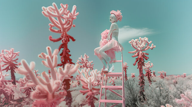 Wwoman in Pink Clothing Sitting on Pink Ladder, Fashion Photography