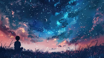 Fototapeta premium A silhouette of a person gazing at a sky full of stars and galaxies, feeling the vastness of the universe