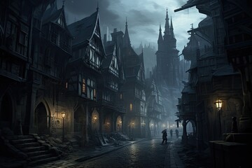 Obraz premium Old European city street with Gothic architecture and a dramatic atmosphere