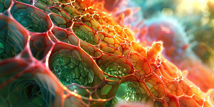 Plant Cell Wall Composition: High-resolution view of plant cell walls, showcasing cellulose fibers, lignin deposits, and structural integrity