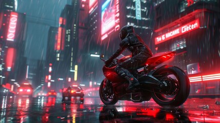 Obraz premium Grunge night background Futuristic City, Skyscrapers, Motorbike, Neon Colors, Rainy Mood, and Tower Reflections