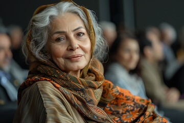 old Iranian woman sharing her journey in business at a prestigious event