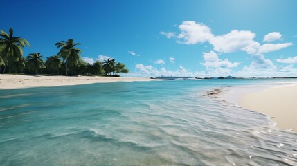 Fototapeta premium Scenic view of a tropical beach with clear waters and palm trees under a sunny sky