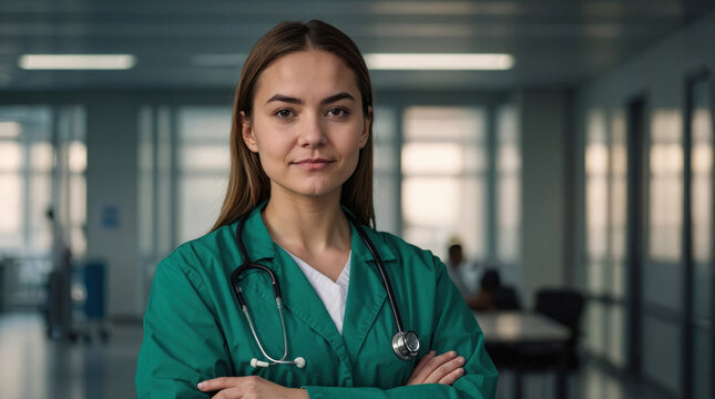 Young female nursing student wearing medical coat. Junior doctor portrait. Medical internship Healthcare concept