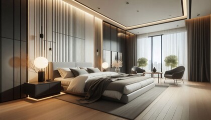 A stunning modern bedroom design, featuring a minimalist aesthetic with clean lines and muted colours interior of the bedroom