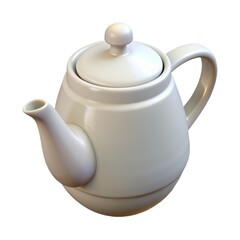 A shiny white teapot reflects modern design Teapot.  Hot tea brews in ceramicware.  Teapot isolated on white background.