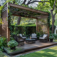 Obraz premium Explore a sleek pergola design in a photo, featuring modern furniture that elevates the contemporary aesthetic. The integration of plants adds a natural element to the clean lines 