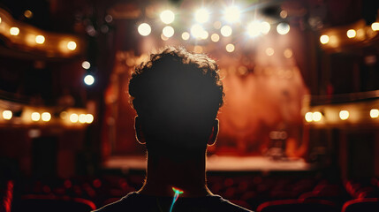 Persons silhouette captivated by a live theater performance in bright spotlights