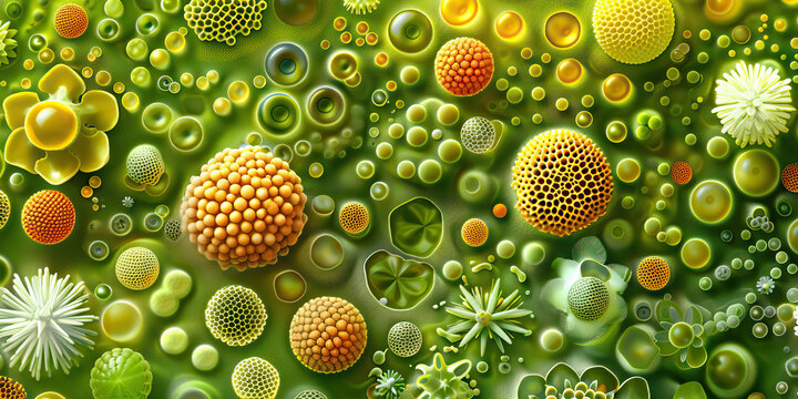Pollen Grain Morphology: Detailed view of pollen grains from various plant species, depicting diversity in size, shape, and surface features