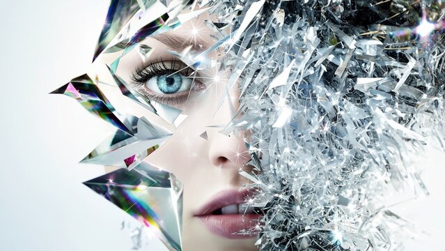Frau Fashion Gesicht mit Glassplitter Explosion Nahaufnahme