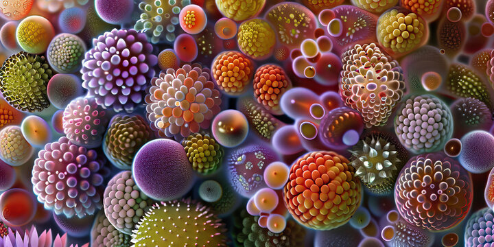 Pollen Grain Morphology: Detailed view of pollen grains from various plant species, depicting diversity in size, shape, and surface features