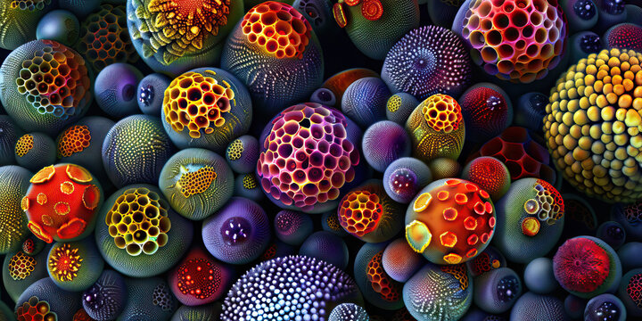 Pollen Grain Morphology: Detailed view of pollen grains from various plant species, depicting diversity in size, shape, and surface features