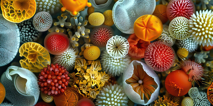 Pollen Grain Morphology: Detailed view of pollen grains from various plant species, depicting diversity in size, shape, and surface features