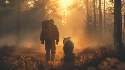 Bear and hiker exploring a misty forest together at dawn 