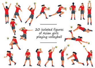 20 figures of Asian women's volleyball team players in red T-shirts training, running, jumping, throwing, hitting the ball