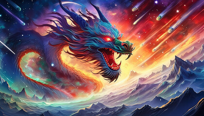 Obraz premium A dragon with a green eye and red mouth is shown in a colorful