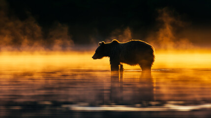 Bear fishing at dawn, mist rising from the water, warm and cool tones 