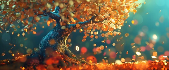 A captivating, abstract image of a golden money tree with bold, colorful leaves representing different investment sectors.