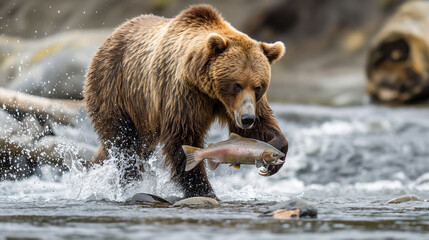 Fototapeta premium Brown bear catching a salmon in a river, water splashing dramatically 