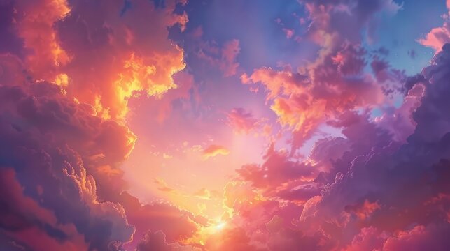 A stunning view of a sunset sky with vibrant clouds glowing in shades of pink, orange, and gold, lit by the setting sun