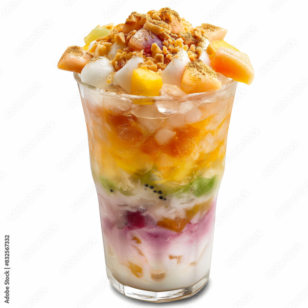 Sticker Closeup of Filipino Halo-Halo dessert with mixed fruits shaved ice and milk isolated on white background 