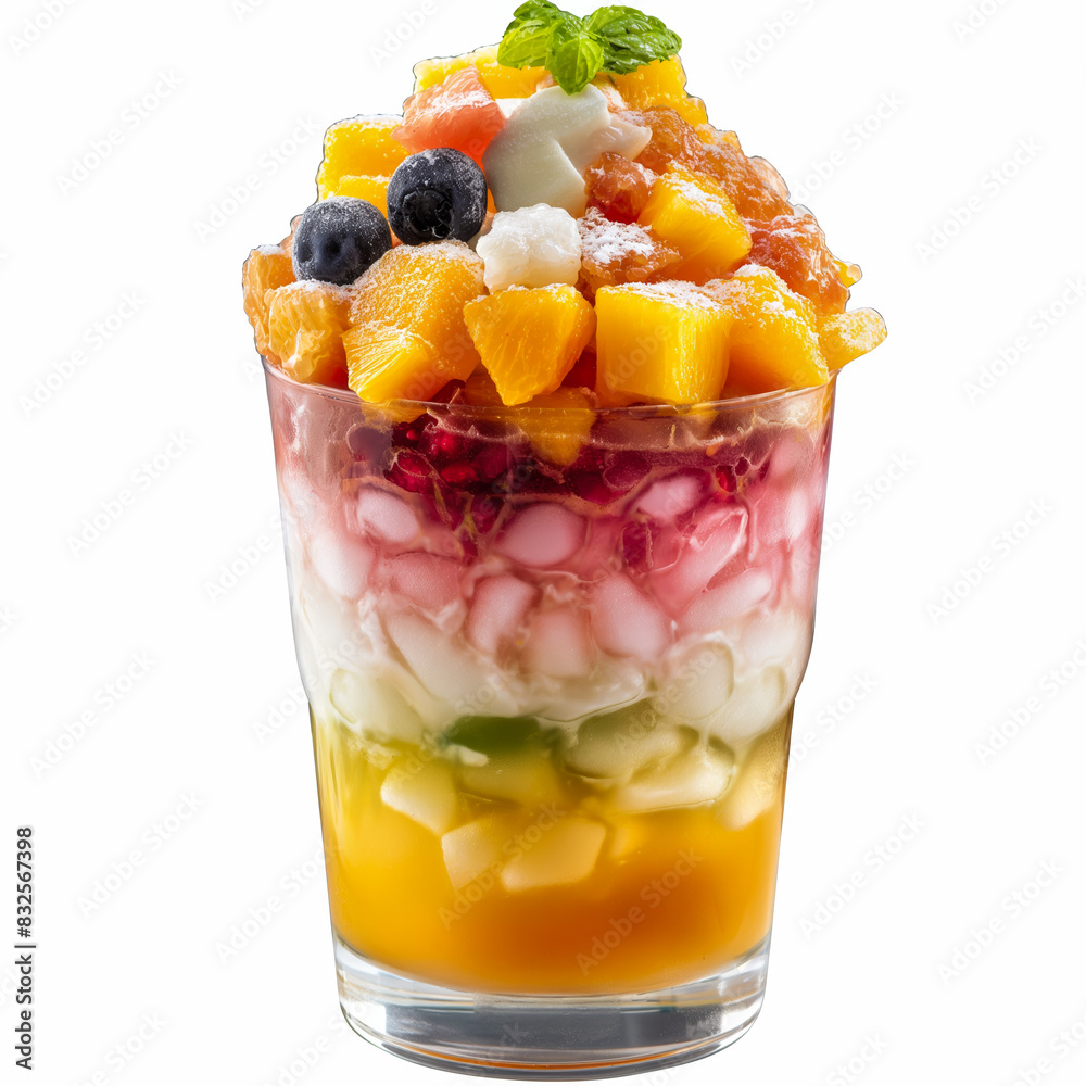 Sticker Closeup of Filipino Halo-Halo dessert with mixed fruits shaved ice and milk isolated on white background 