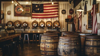Rustic brewery interior with wooden barrels, American flag, and craft beer taps. Cozy ambiance perfect for beer enthusiasts and gatherings.