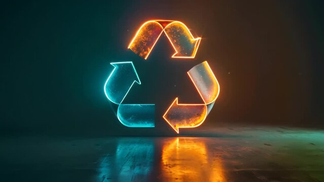 Recycling symbol over a dark background with a gradient color filling the symbol arrow.