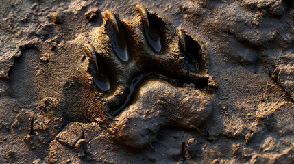 Closeup of a bear paw print in the mud, detailed texture and shadows 