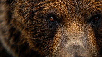 Closeup of a bear's face with intense eyes, detailed fur texture, neutral background 