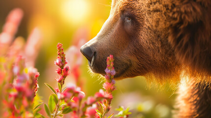 Closeup of a bear's nose sniffing flowers, soft focus background, bright colors 