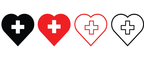 Obraz premium Heart shape with cross inside. Vector icon in 4 different styles on white background