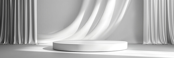 Elegant white podium with silver accents, minimalist 3D display, bright gradient background 