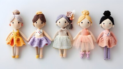 Handcrafted Crochet Dolls in Pastel Colors with Intricate Knit Textures on a Plain White Backdrop