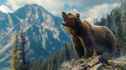 Grizzly bear roaring on a rocky outcrop, majestic mountains in the background 