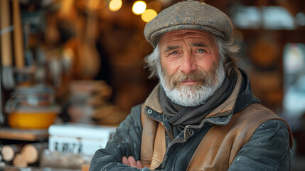 Elderly man carpenter, woodworker, forester, sawmill