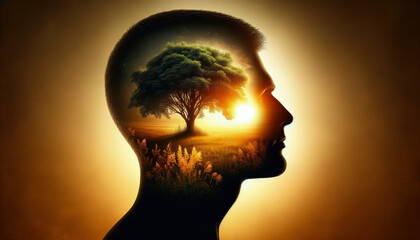 Surreal Silhouette Of A Man's Profile With Serene Landscape And Radiant Sun, Symbolizing Personal Growth And Connection With Nature Ai Generated