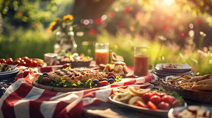 A picnic in the park with a red and white checkered tablecloth, surrounded by trees and flowers. There is a variety of food on the table.
