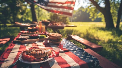 A picnic table is set up in a park with a red and white checkered tablecloth and a variety of food, including hamburgers, hot dogs, and watermelon