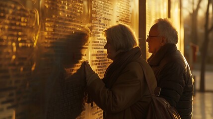 Fototapeta premium An elderly couple is looking at a memorial wall.